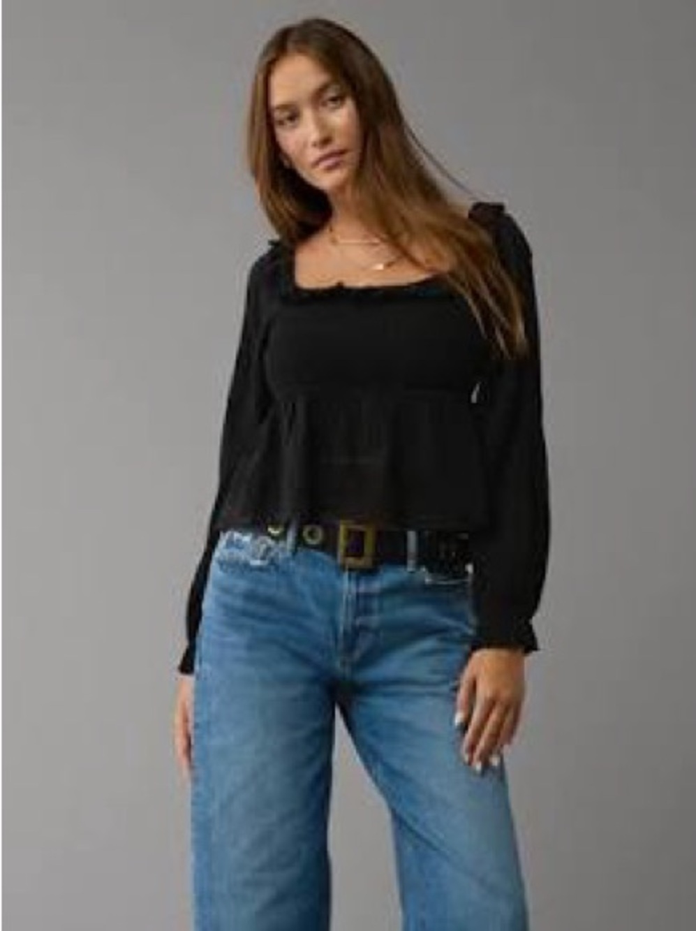 AE long sleeve smocked eyelet shirt black, XXS, NWT